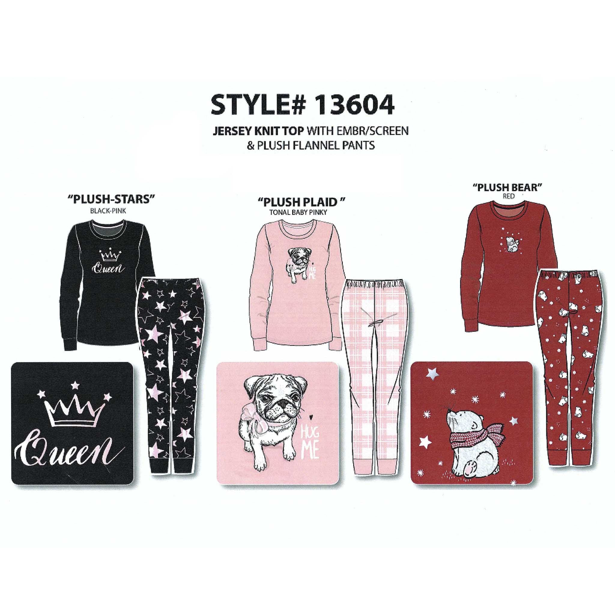 BULK BUY - Women's Two Piece Pajama Set with Solid Jersey Knit Top & Printed Plush Flannel Pants (6-Pack)