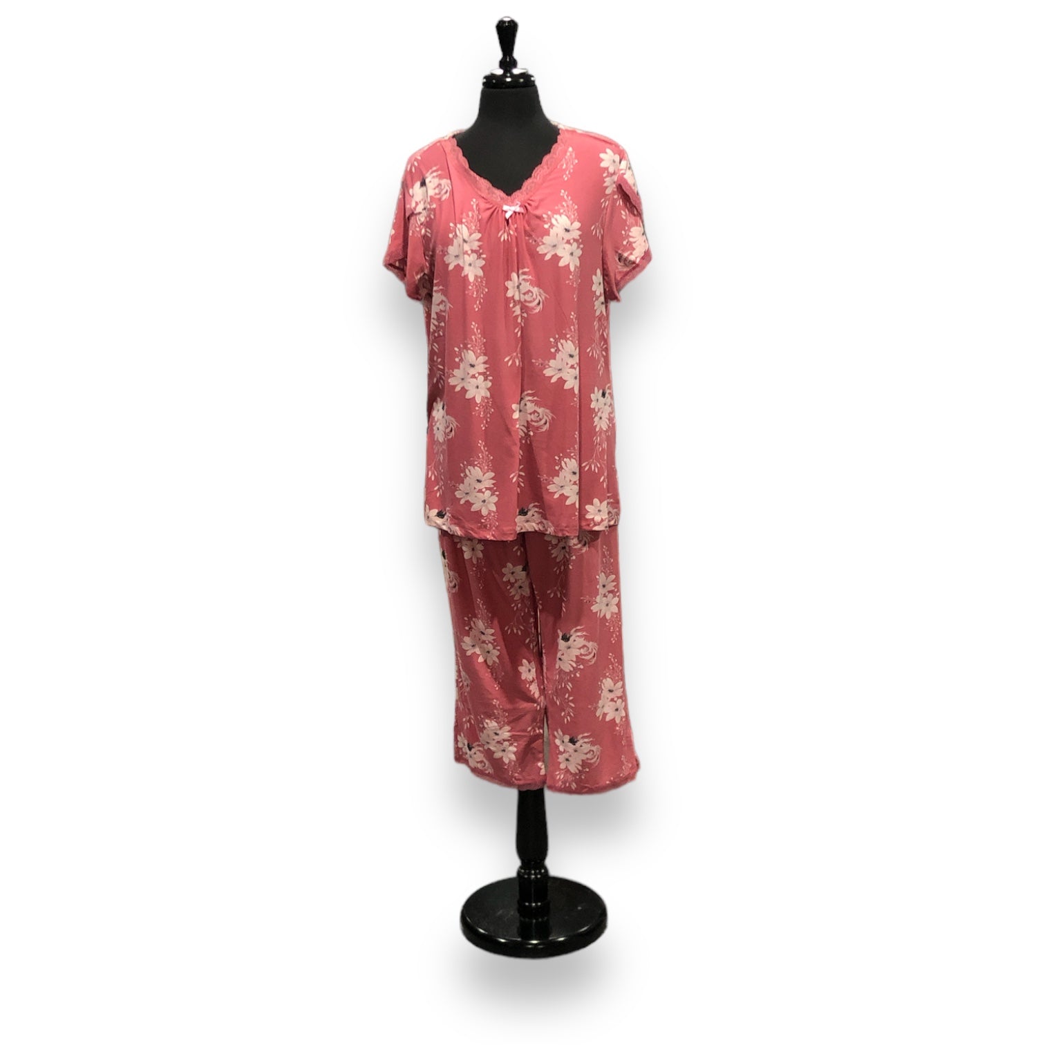 Women's Peached Jersey Knit Pajama Set with Lace Trim & Satin Bow