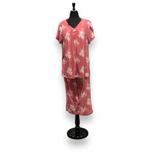 Women's Peached Jersey Knit Pajama Set with Lace Trim & Satin Bow