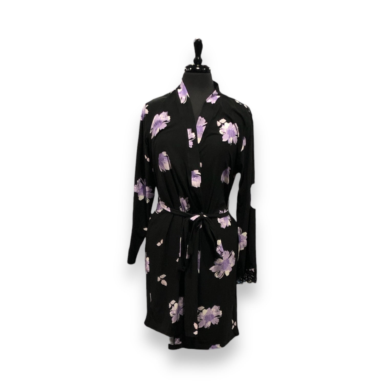 Women's Peached Jersey Knit Kimono Robe with Lace Trim & Belt