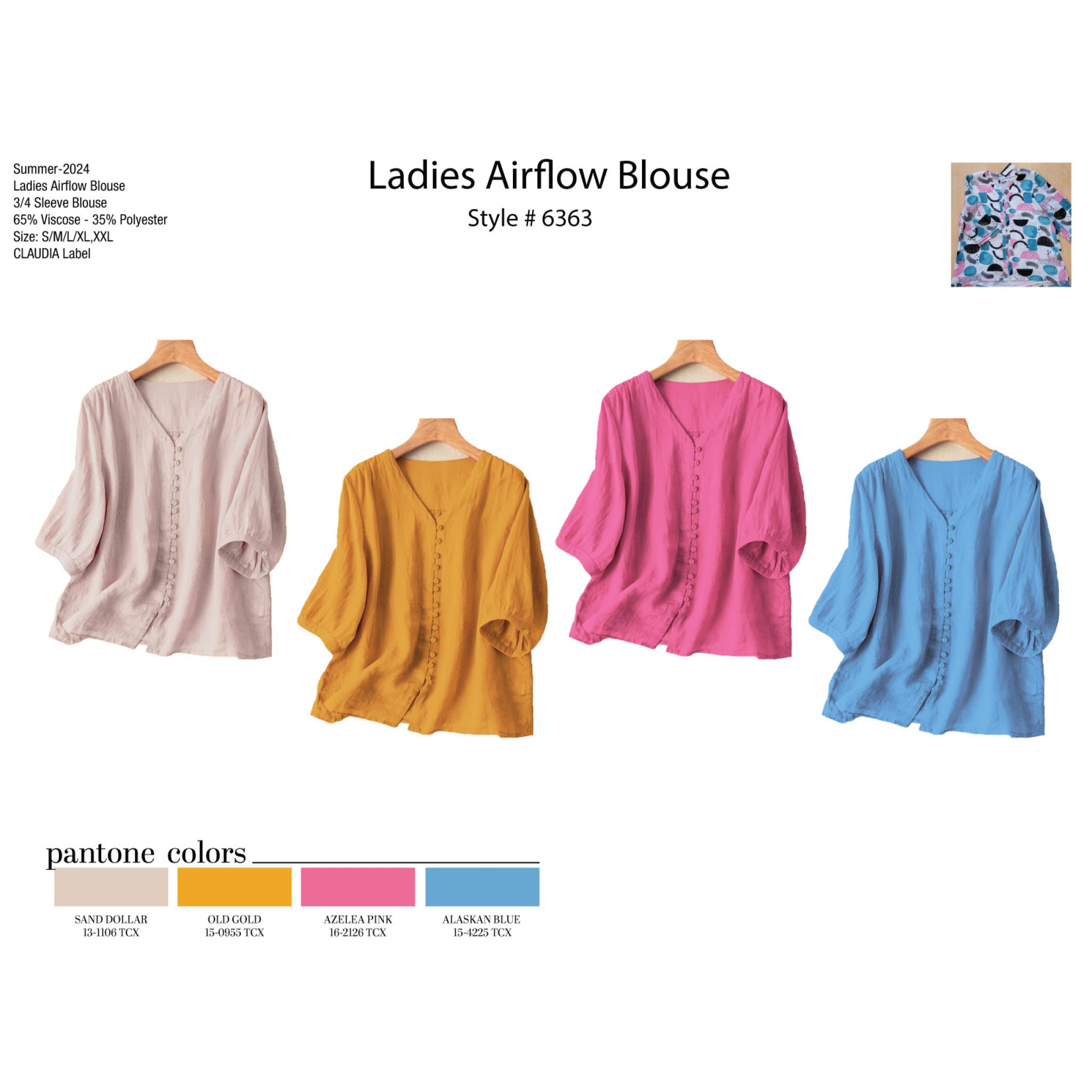 Women's 3/4 Sleeve Button Down Airflow Blouse