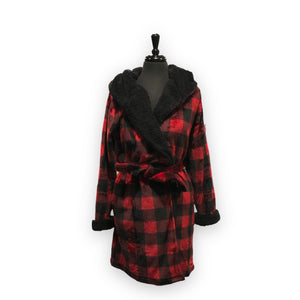 Women's Plush Micropolar Buffalo Plaid Bathrobe with Hood