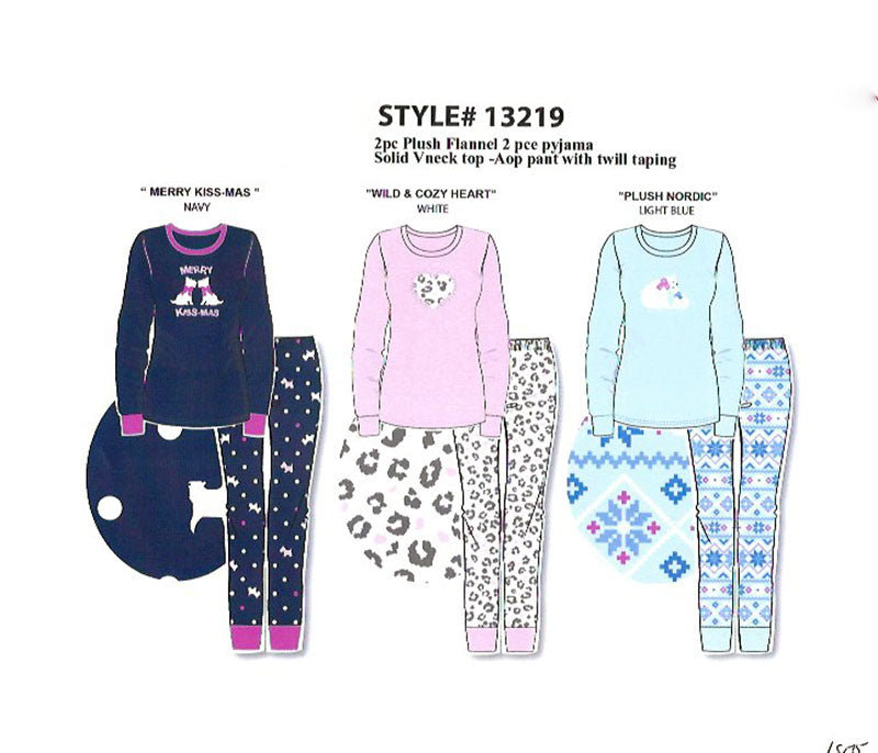 Plush Flannel PJ SET w Solid Top & AOP Cuffed Pant