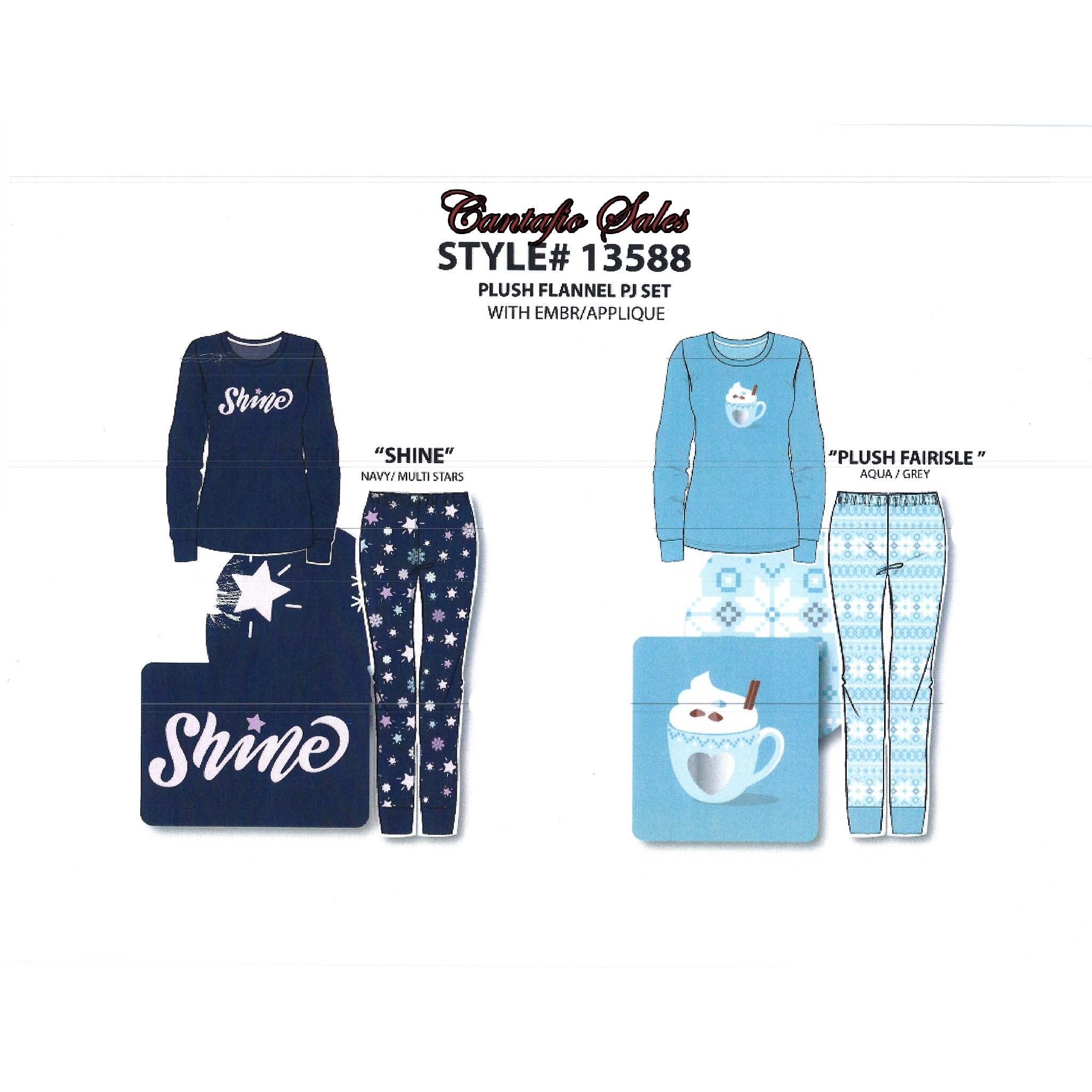 Women's Two Piece Plush Flannel Pajama Set with Solid Top & Printed Pants