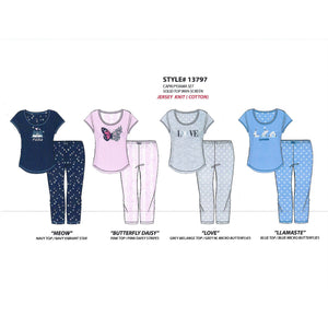 Women's Two Piece Cotton Jersey Knit Capri Set with Printed Top