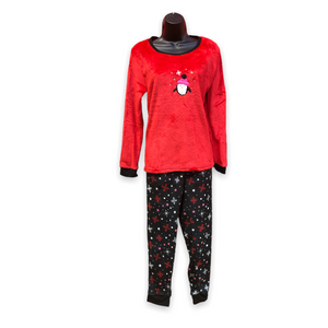 Women's Two Piece Plush Flannel Pajama Set with Embroidered Applique