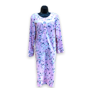 Women's Micropolar Printed Long Sleeve Gown with Lace Trim
