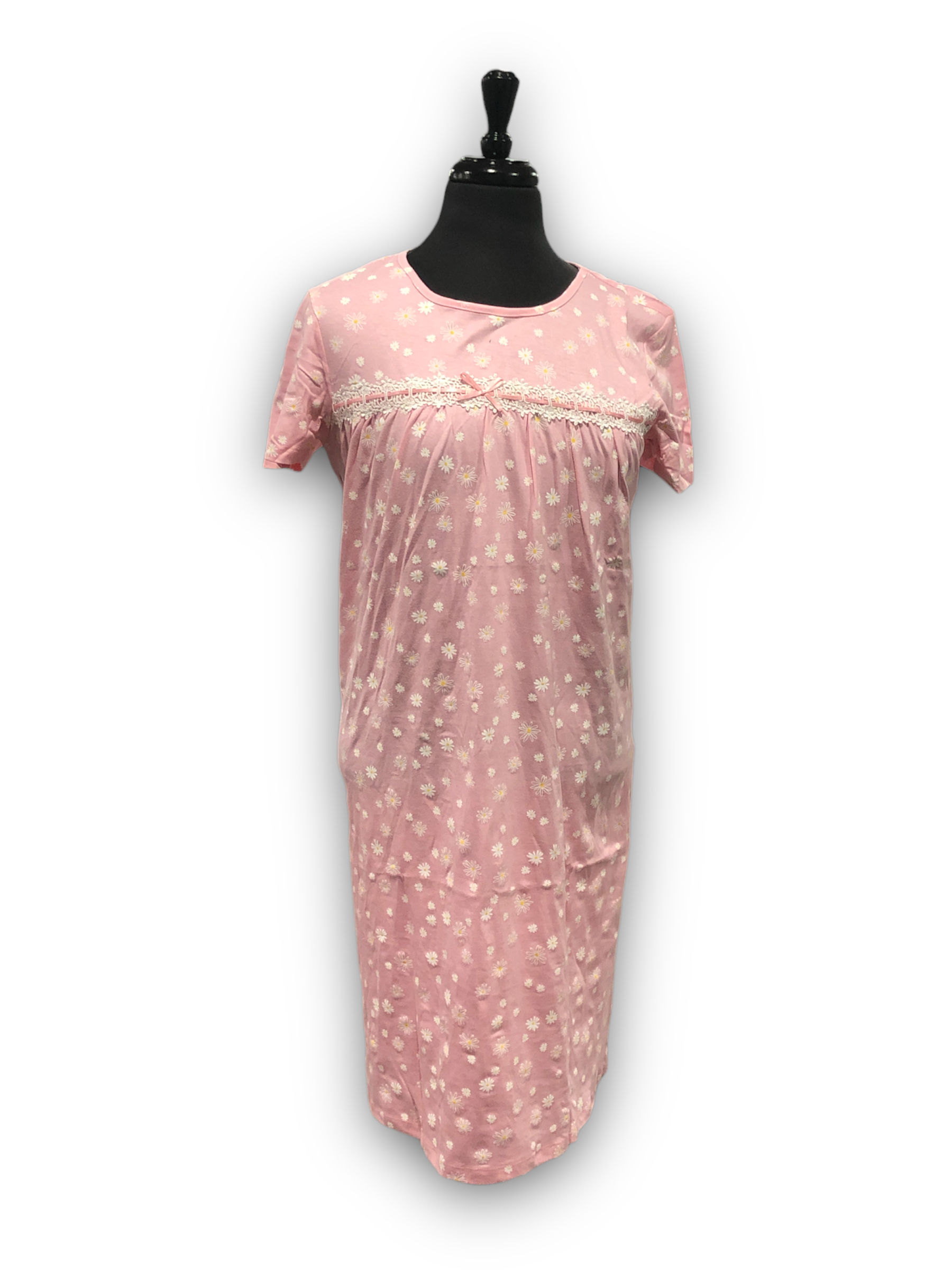 Women's Cotton Jersey Knit Short Sleeve Gown with Lace Ribbon